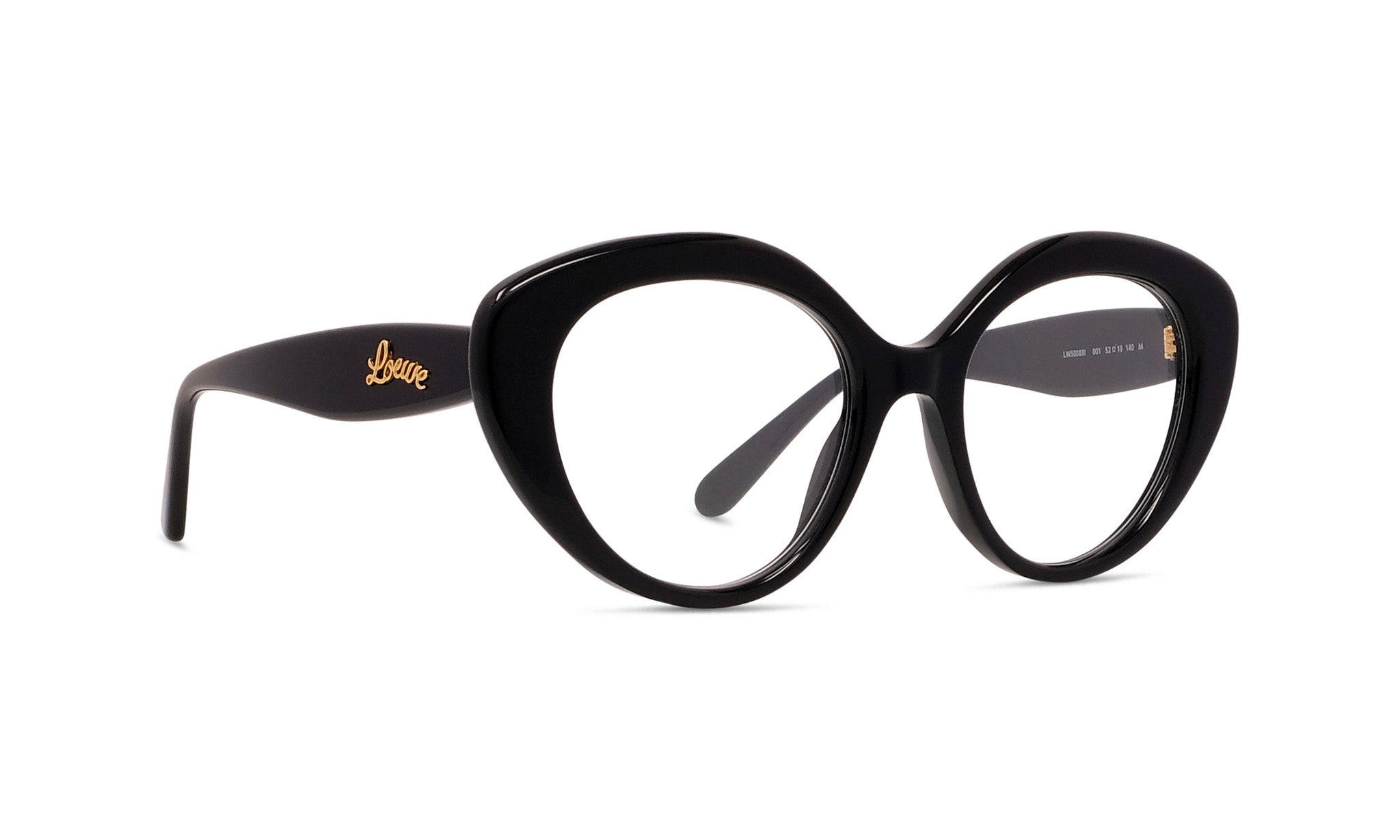 A pair of black cat-eye framed glasses with gold accents.