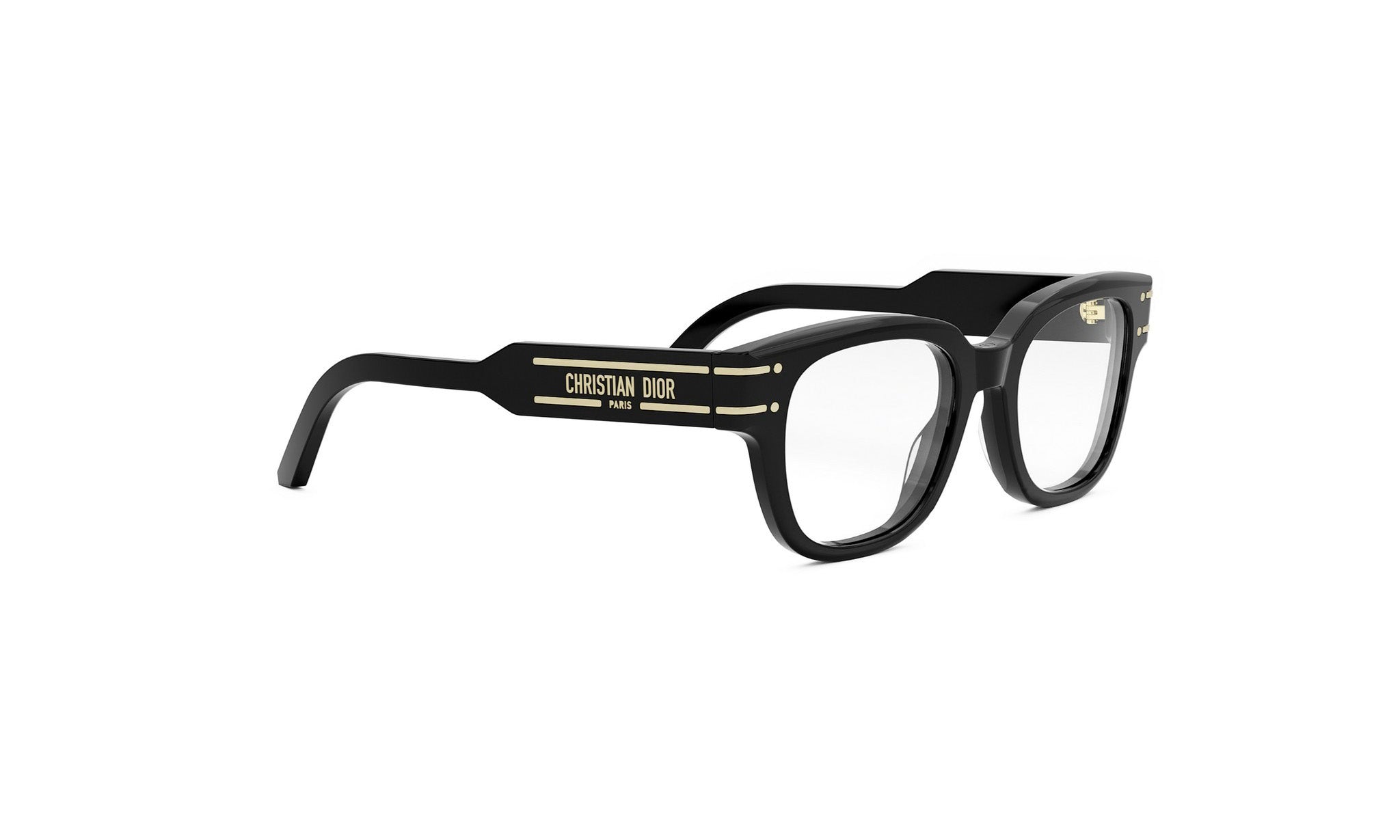 A pair of black-framed glasses with gold accents, featuring the brand name "CHRISTIAN DOR" on the side.