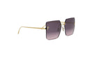 A pair of stylish sunglasses with a gold frame and dark purple lenses.