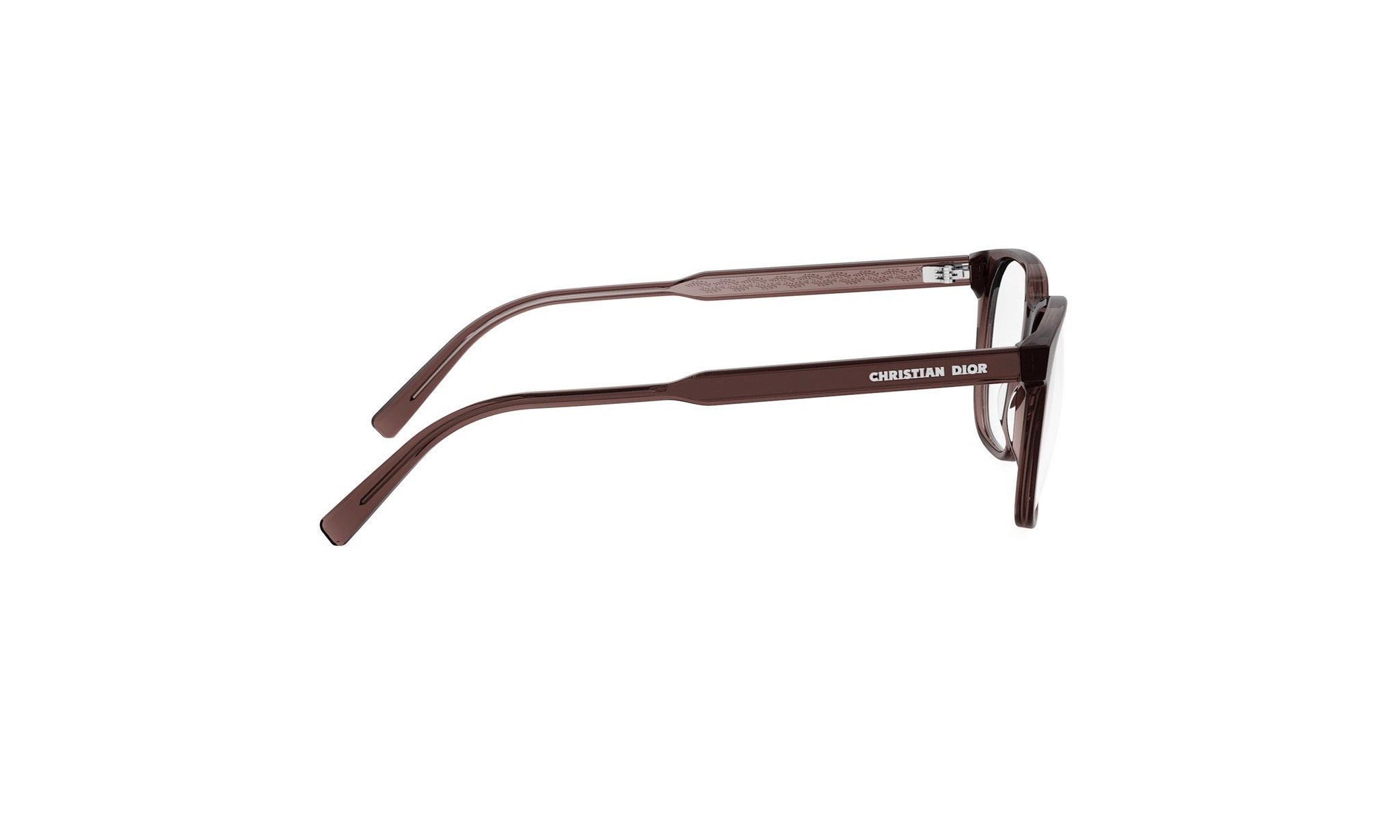 A pair of brown-framed glasses with the name 'Christian Dior' printed on the side.