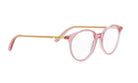 A pair of pink-framed glasses with gold accents.