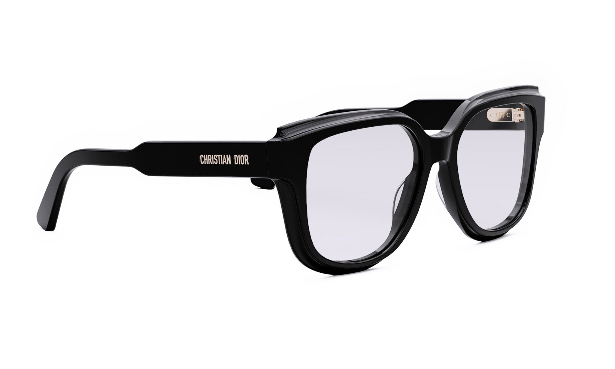 A pair of black-framed glasses with the brand name "Christian Dior" printed on the side.