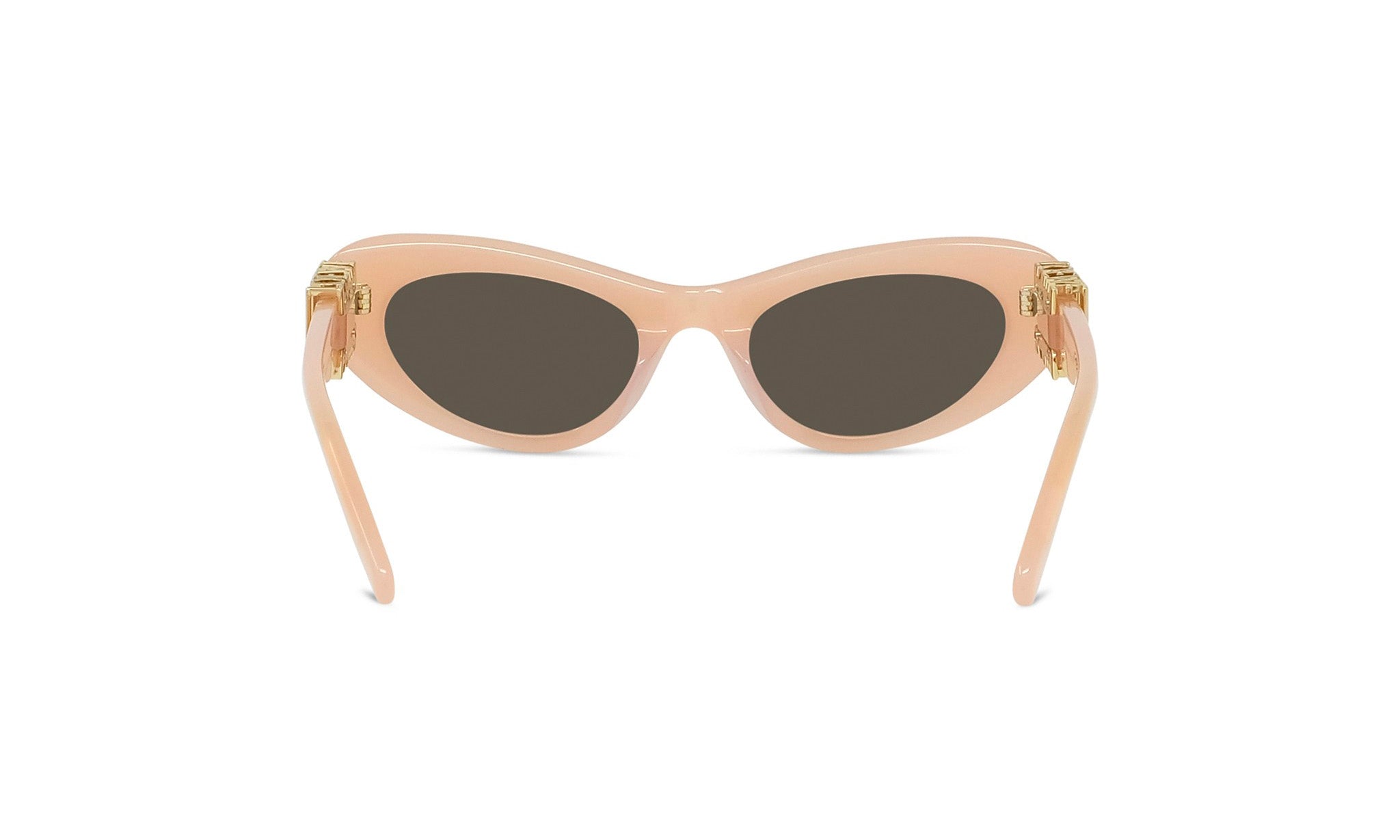 A pair of peach-colored sunglasses with dark lenses.