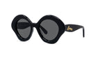 A pair of black sunglasses with a unique, round frame design.