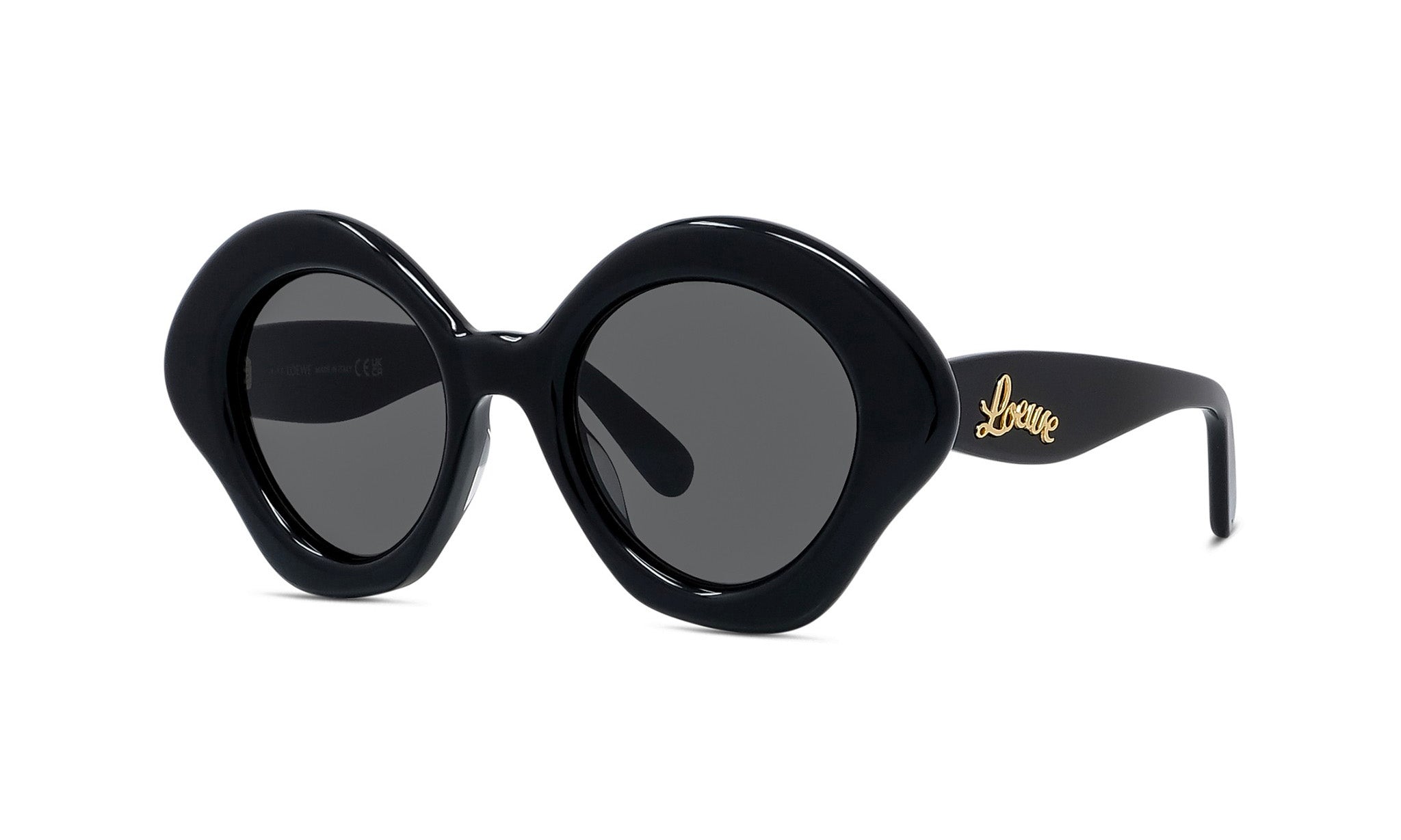 A pair of black sunglasses with a unique, round frame design.