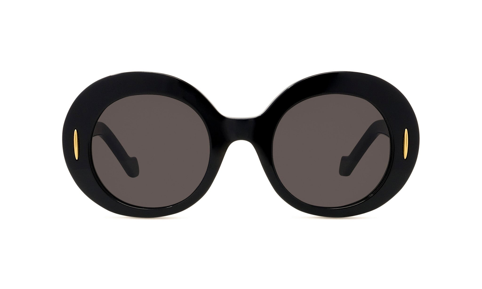 A pair of black, round sunglasses with dark lenses.