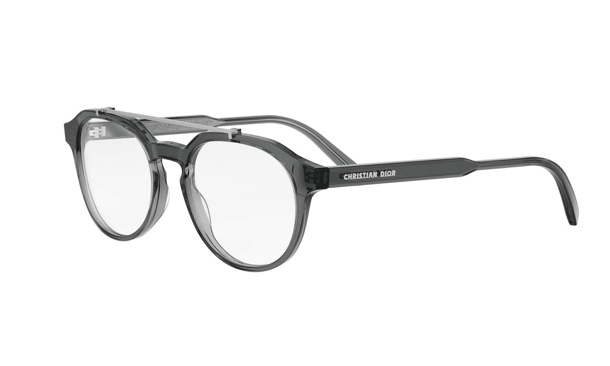 A pair of black-framed glasses with the brand name "CHRISTIAN DIOR" printed on the side.