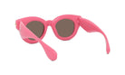 A pair of pink sunglasses with dark lenses.