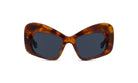 A pair of stylish sunglasses with a tortoiseshell frame and dark lenses.