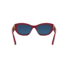 A pair of red cat-eye sunglasses with blue lenses.
