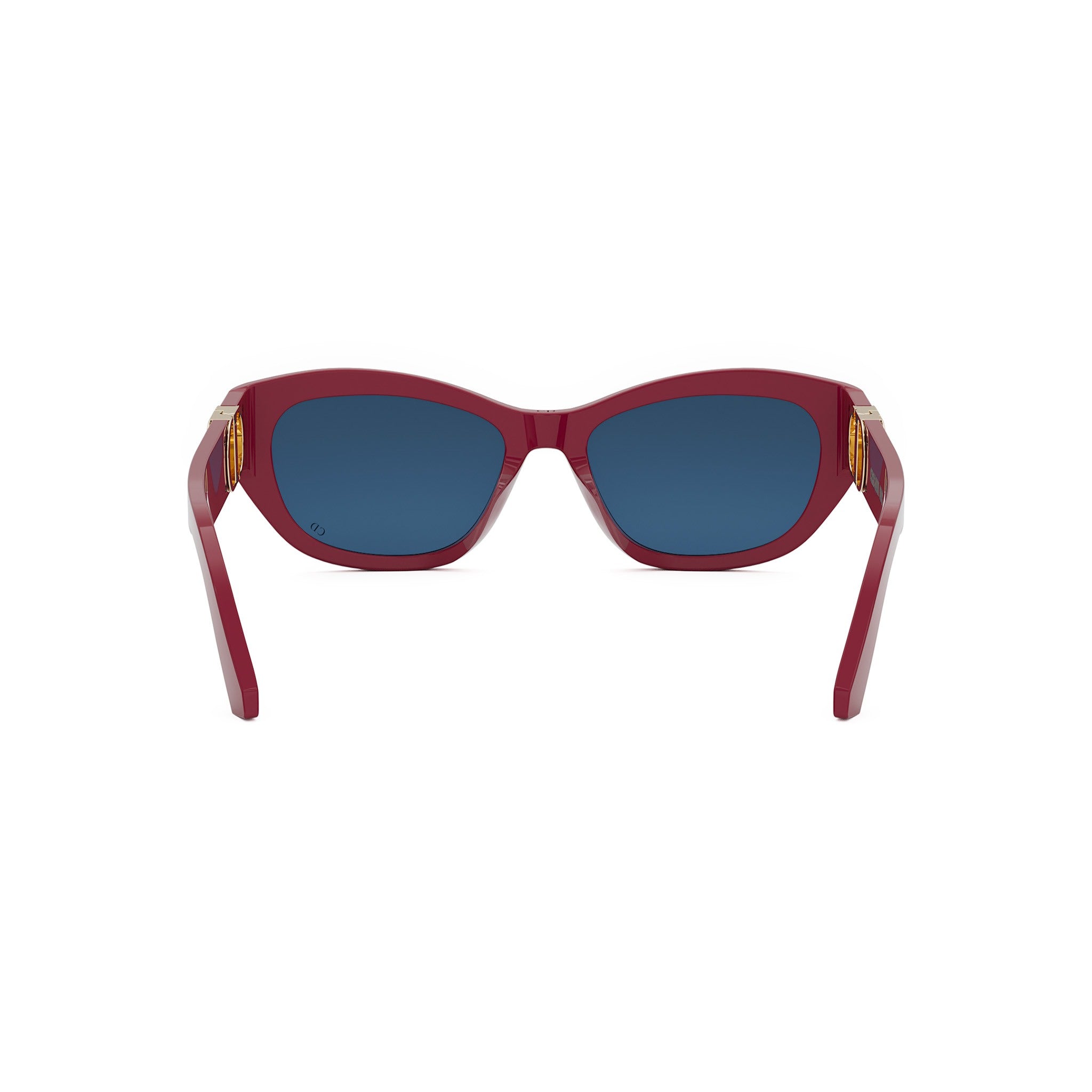 A pair of red cat-eye sunglasses with blue lenses.