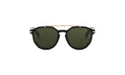 A pair of black sunglasses with dark green lenses.