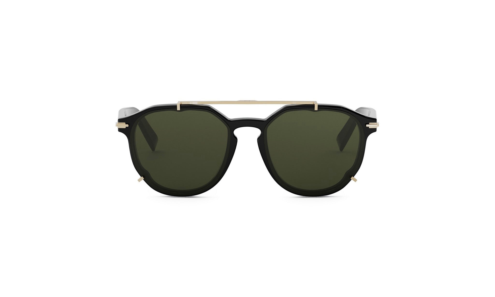 A pair of black sunglasses with dark green lenses.