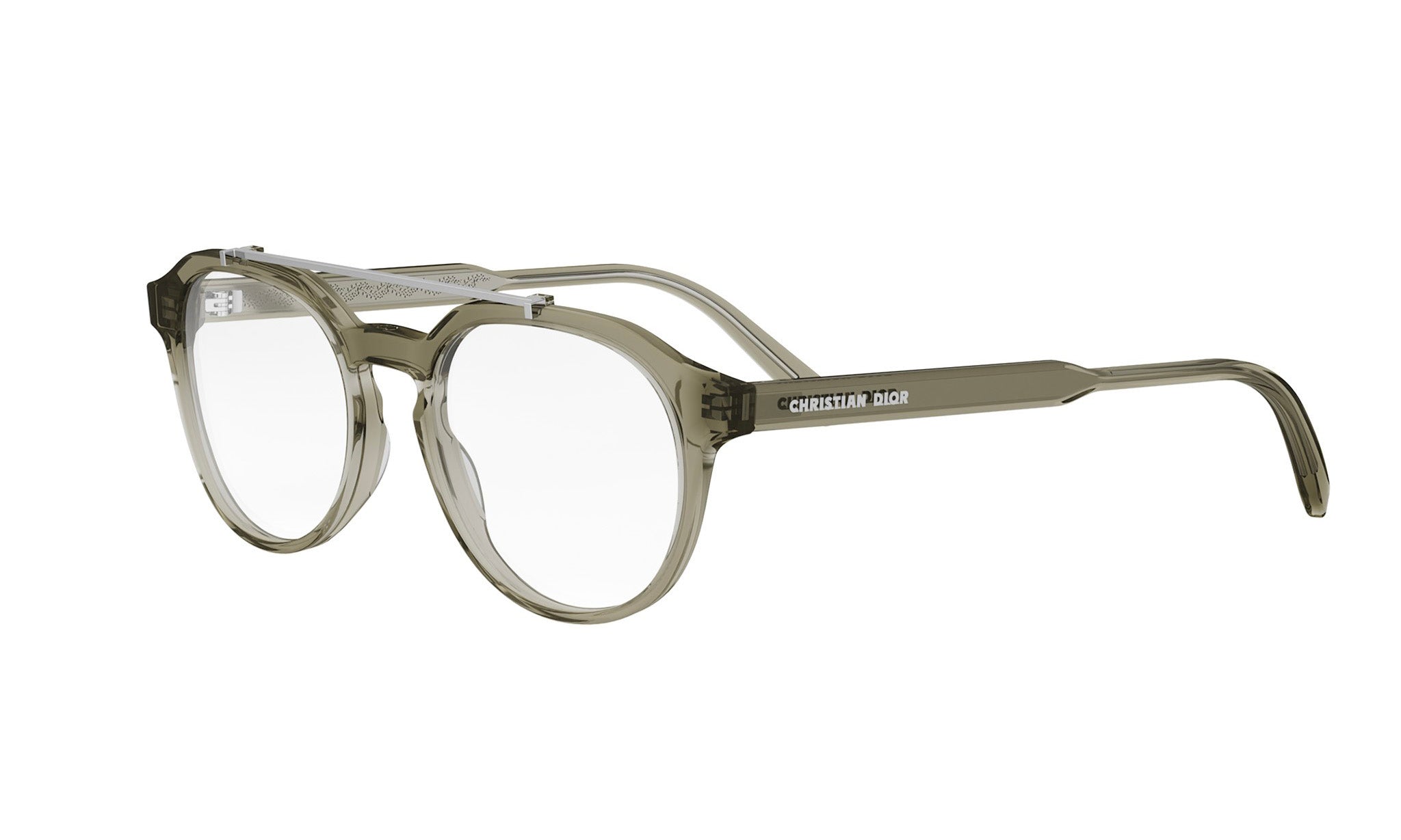 A pair of gray-framed glasses with the Christian Dior logo visible on the frame.