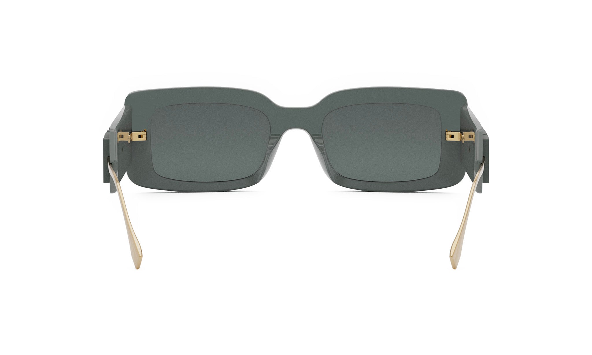 A pair of dark green sunglasses with gold accents, displayed from the back view.
