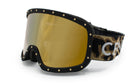 A pair of stylish ski goggles with a black frame and gold-toned lenses.