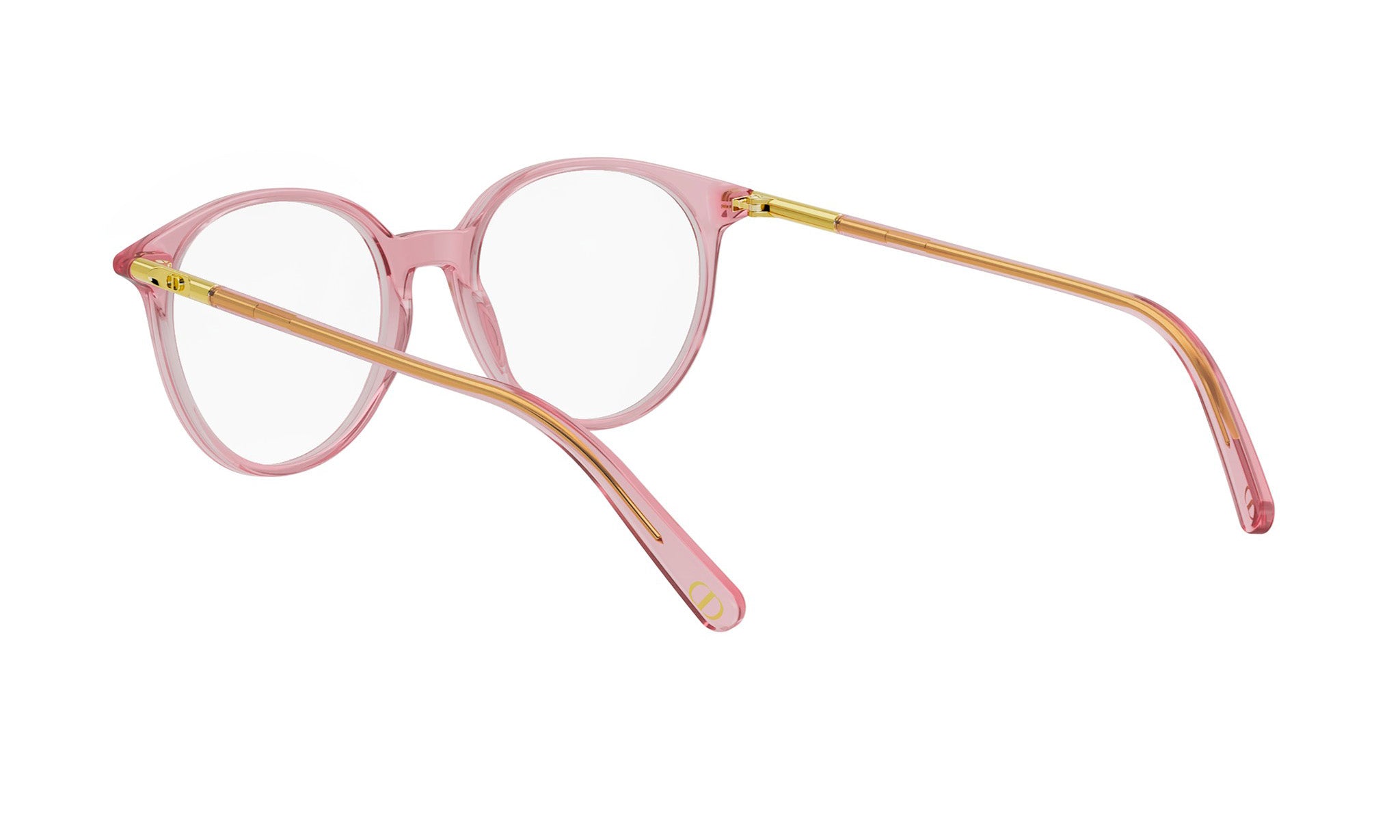 A pair of pink-framed glasses with gold-colored arms.