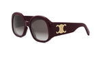 A pair of burgundy-colored sunglasses with a gold C logo on the frame.