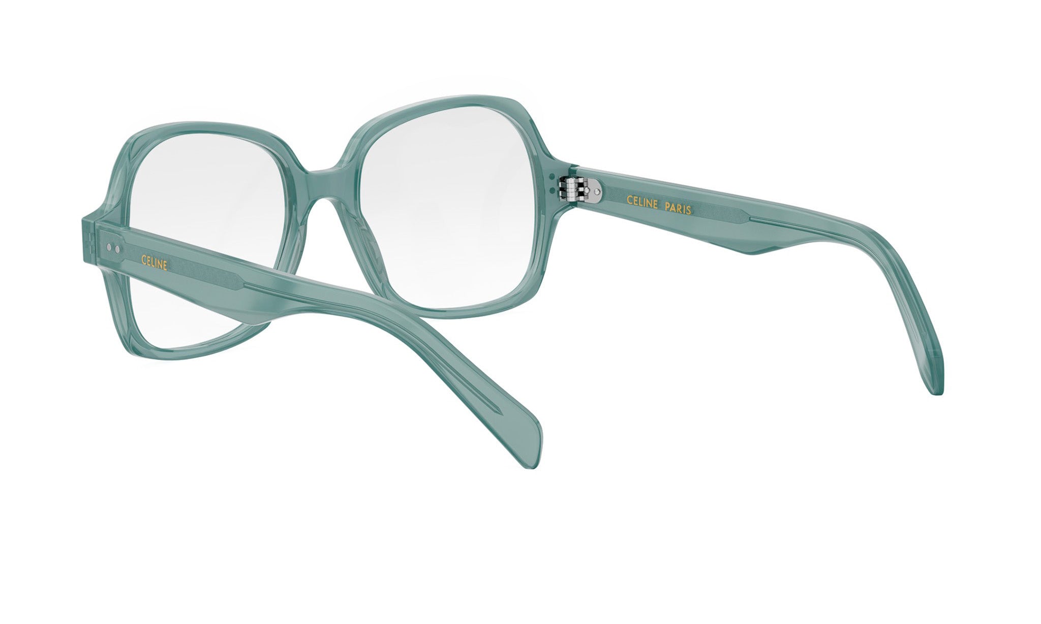 A pair of green-framed glasses with the brand name "Celine Paris" printed on them.