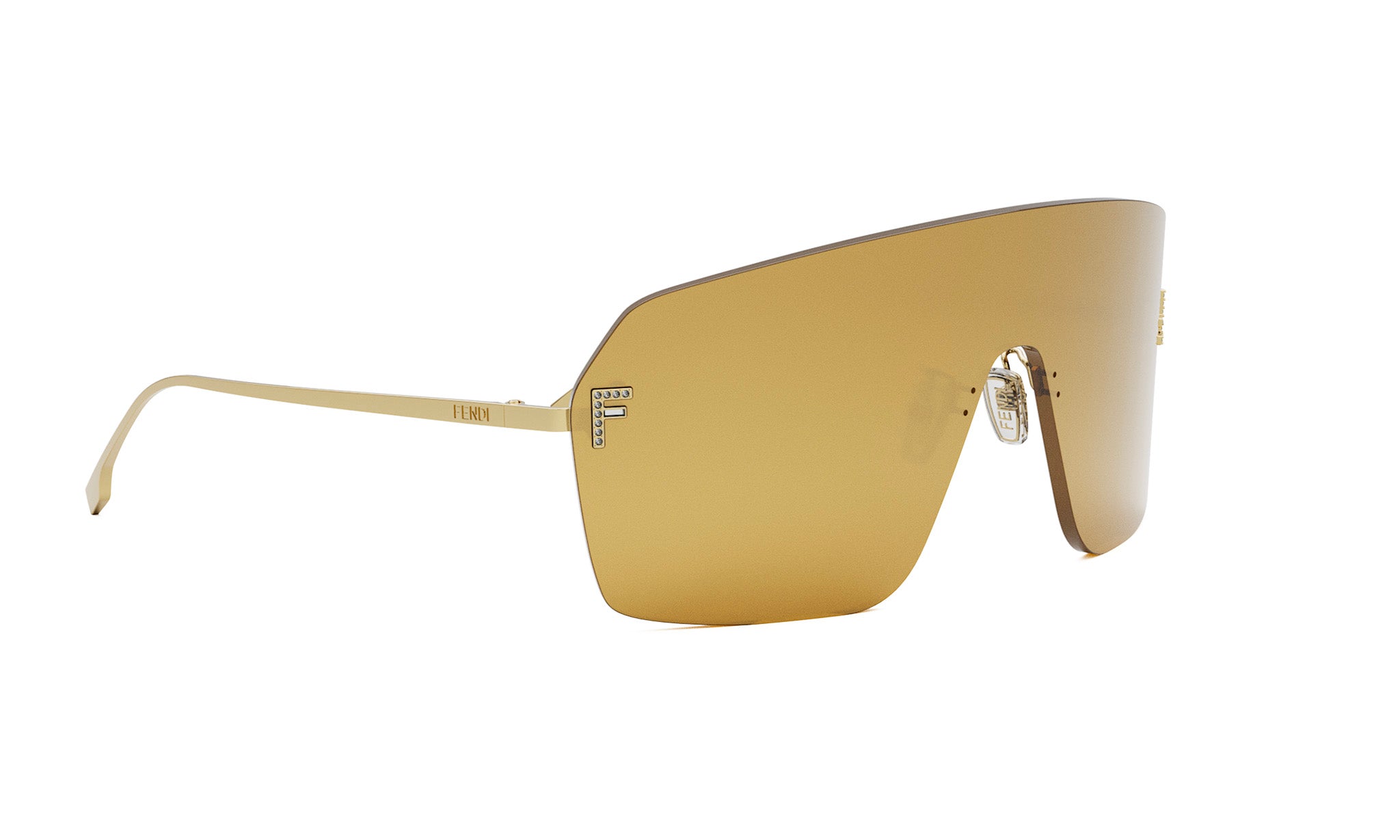 A pair of gold-colored sunglasses with a curved frame and reflective lenses.