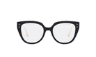 A pair of black cat-eye framed glasses with gold accents.