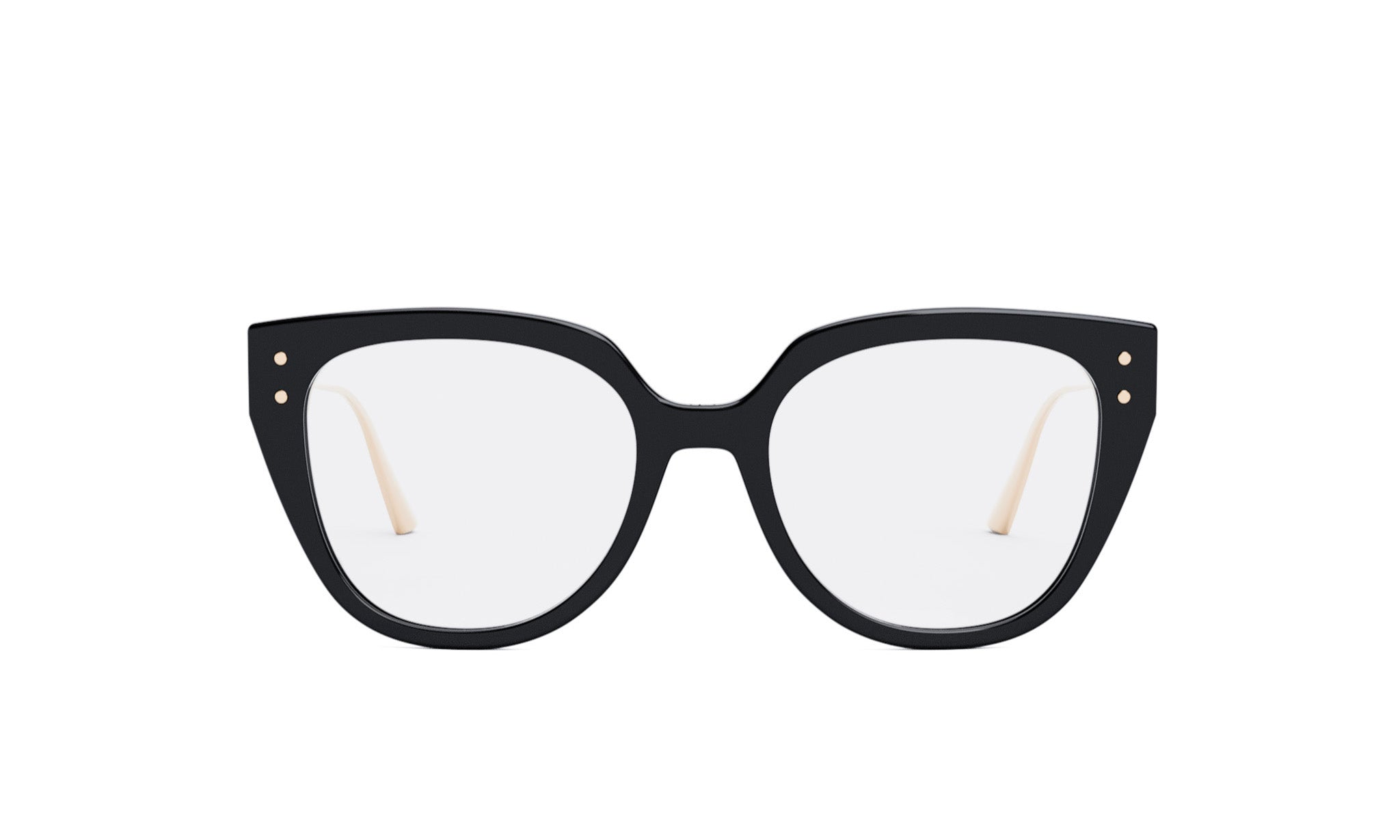A pair of black cat-eye framed glasses with gold accents.
