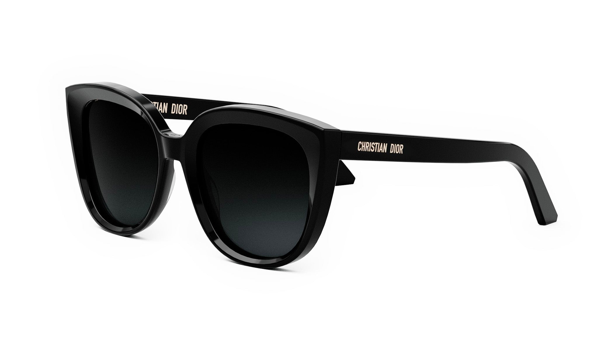 A pair of black cat-eye sunglasses with the brand name "Christian Dior" printed on the frame.