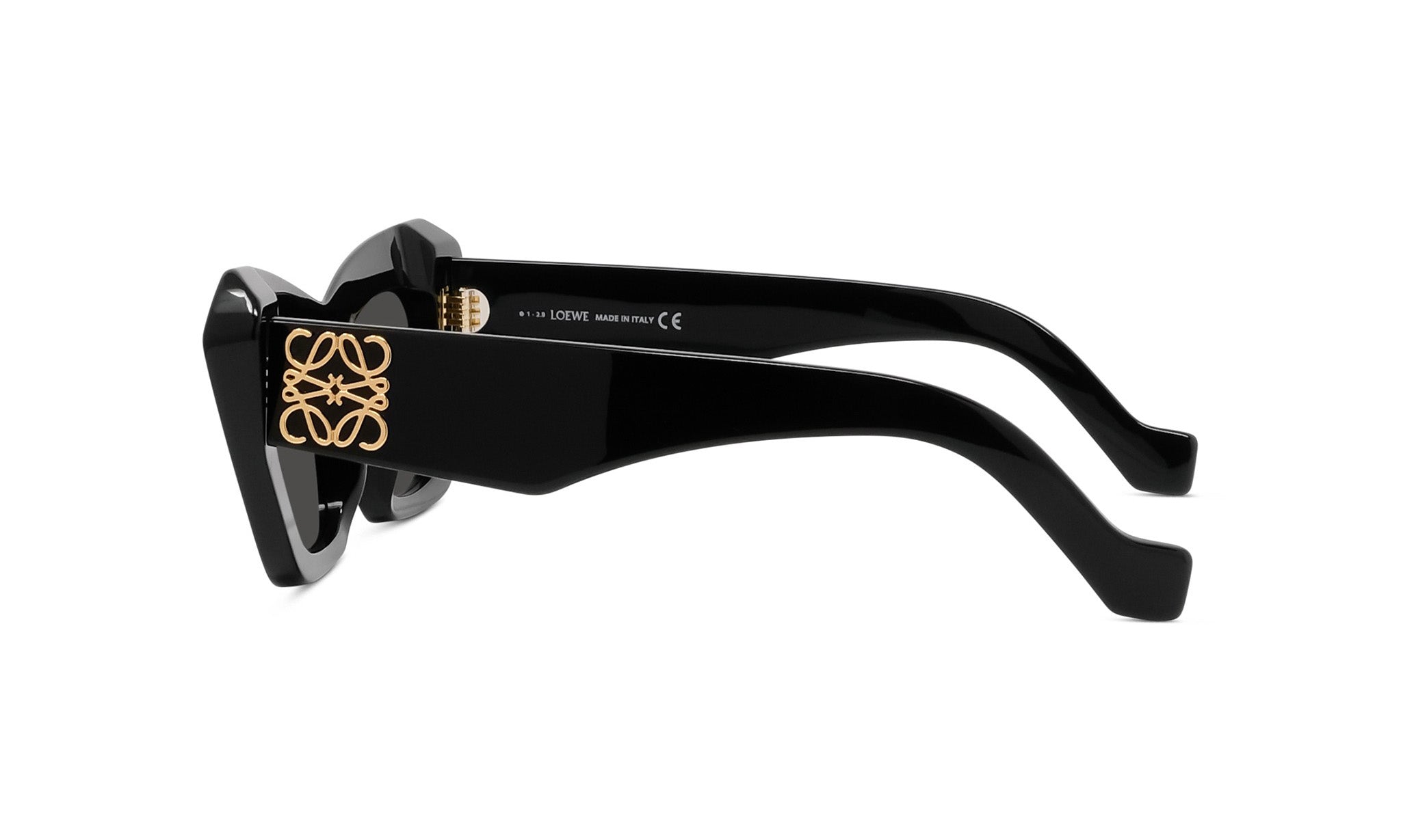 A pair of black sunglasses with a gold logo on the frame.