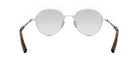 A pair of round, silver-framed sunglasses with dark brown wooden handles.
