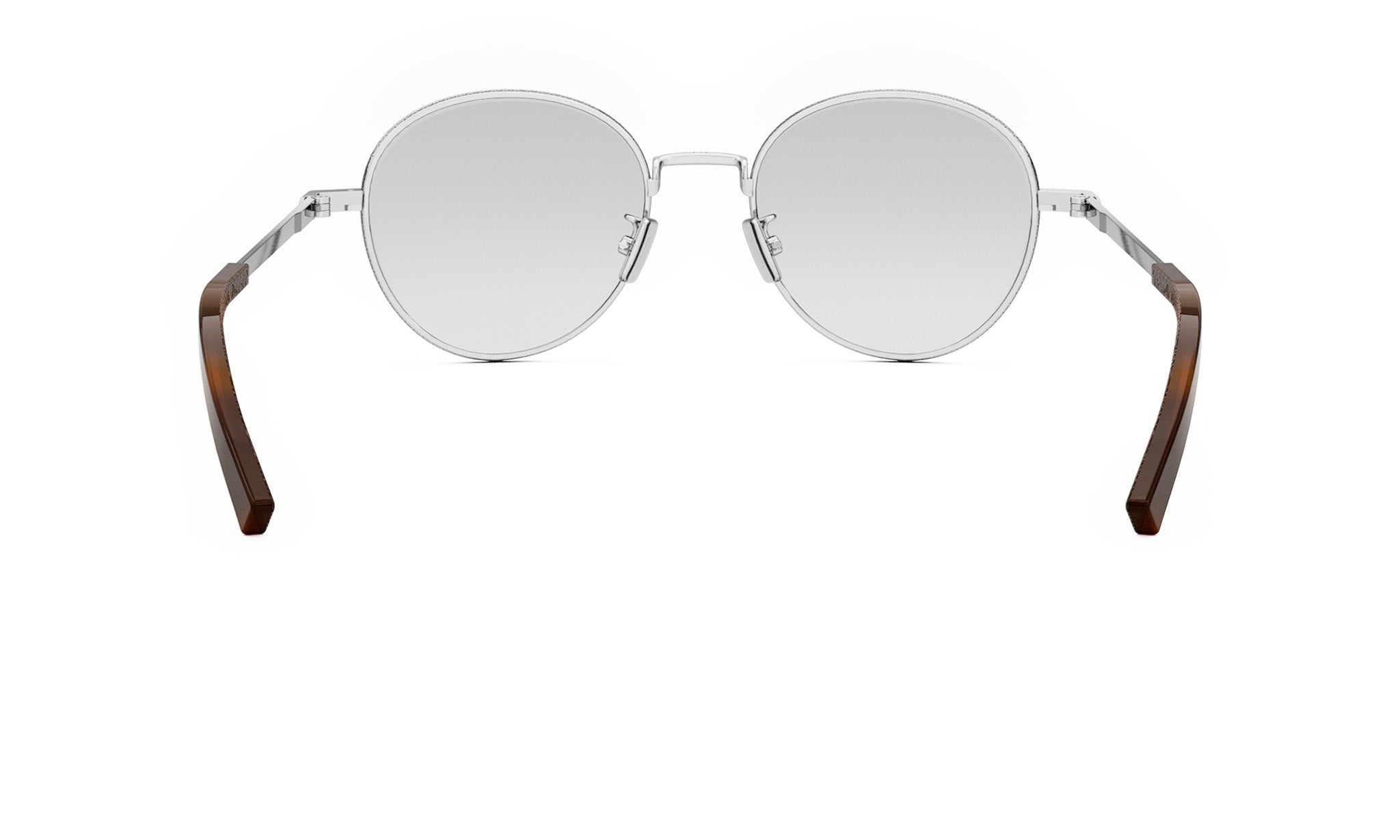 A pair of round, silver-framed sunglasses with dark brown wooden handles.