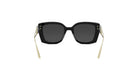 A pair of black sunglasses with gold accents, featuring a sleek and stylish design.
