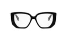 A pair of black-framed glasses with clear lenses, set against a white background.
