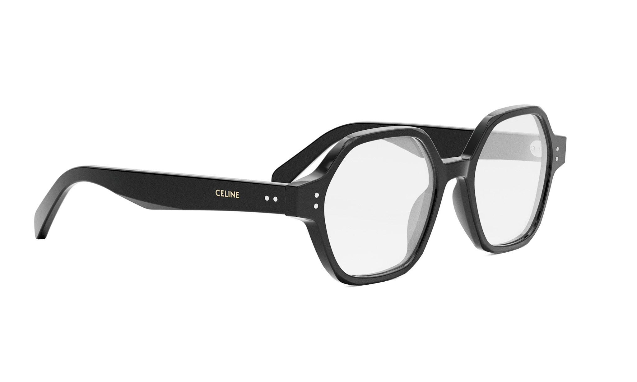 A pair of black-framed glasses with a distinctive hexagonal shape.