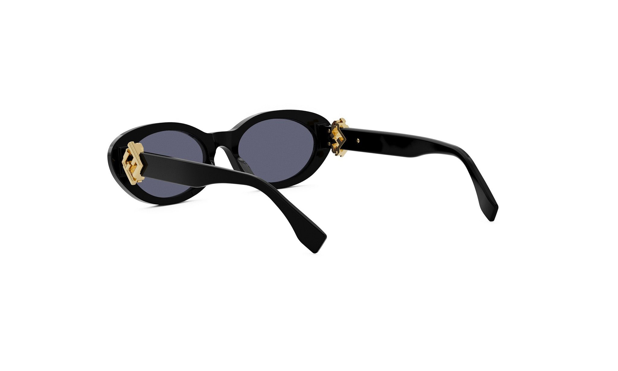 A pair of black sunglasses with gold accents, featuring a round frame and dark lenses.