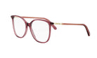 A pair of red-tinted eyeglasses with a gold-colored frame and a gold-colored temple arm.