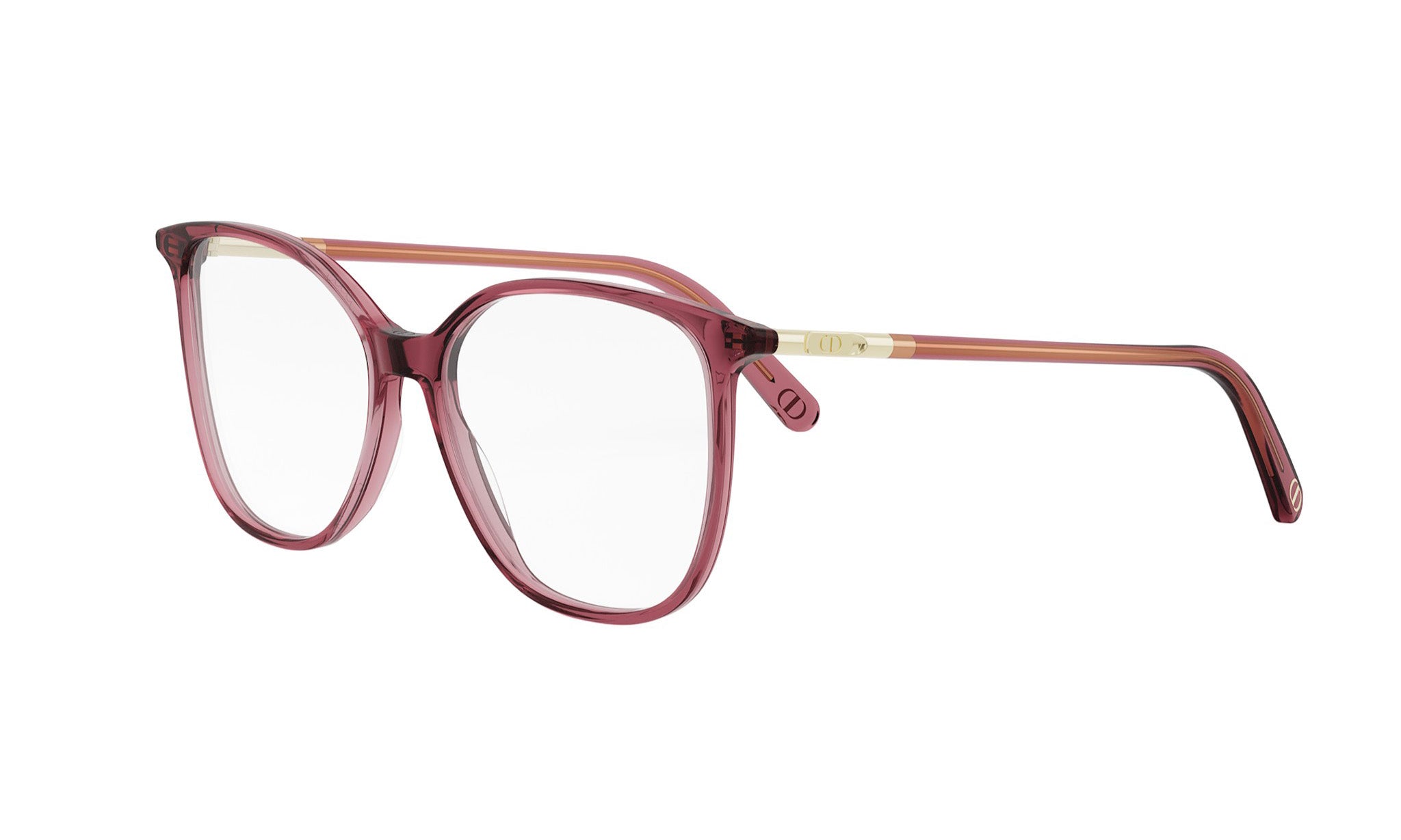 A pair of red-tinted eyeglasses with a gold-colored frame and a gold-colored temple arm.