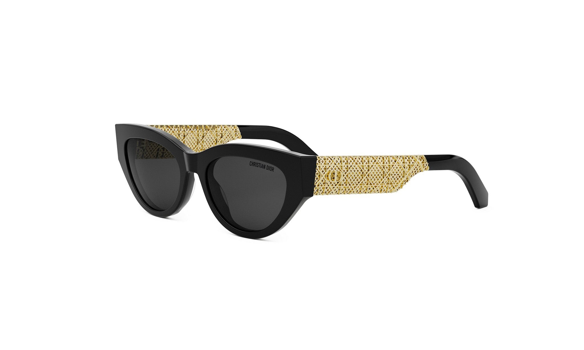 A pair of black cat-eye sunglasses with gold detailing on the frame.