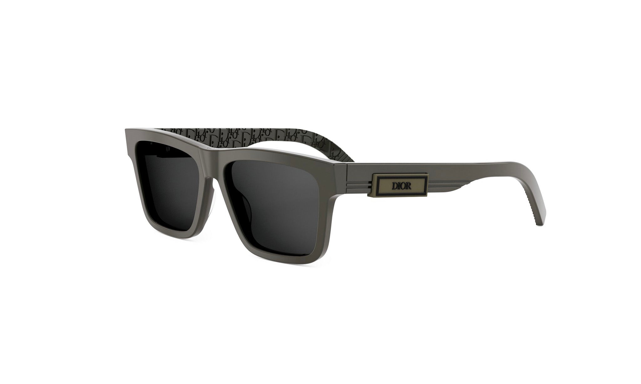 A pair of dark-framed sunglasses with a Dior logo on the frame.