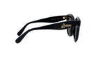 A pair of black sunglasses with gold text on the frame.