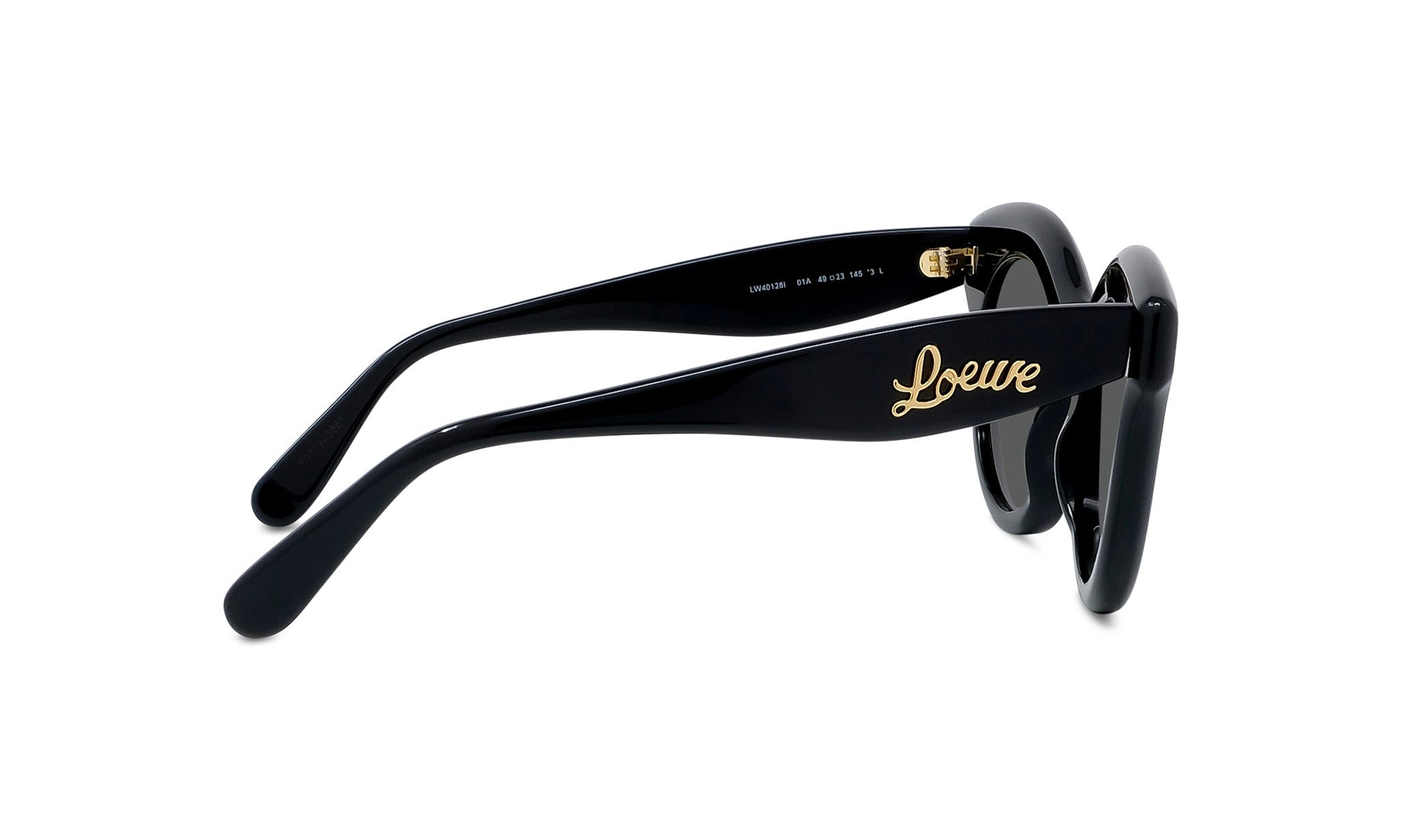 A pair of black sunglasses with gold text on the frame.