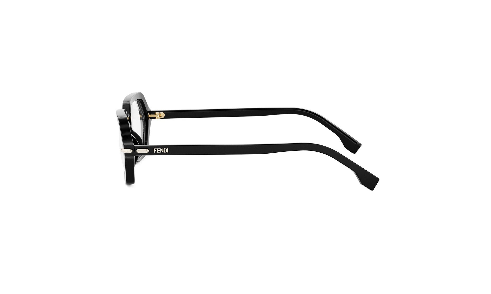 A pair of black Fendi-branded eyeglasses against a white background.