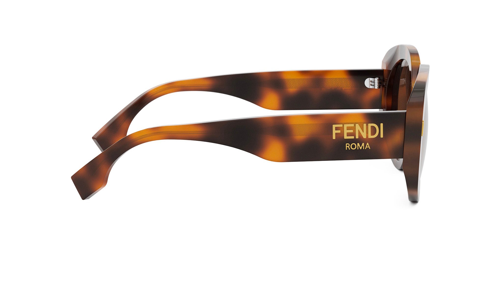 A pair of brown-tinted sunglasses with the Fendi logo and the word "ROMA" printed on the frame.