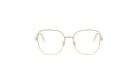 A pair of gold-colored, modern-looking glasses with a unique, angular frame.