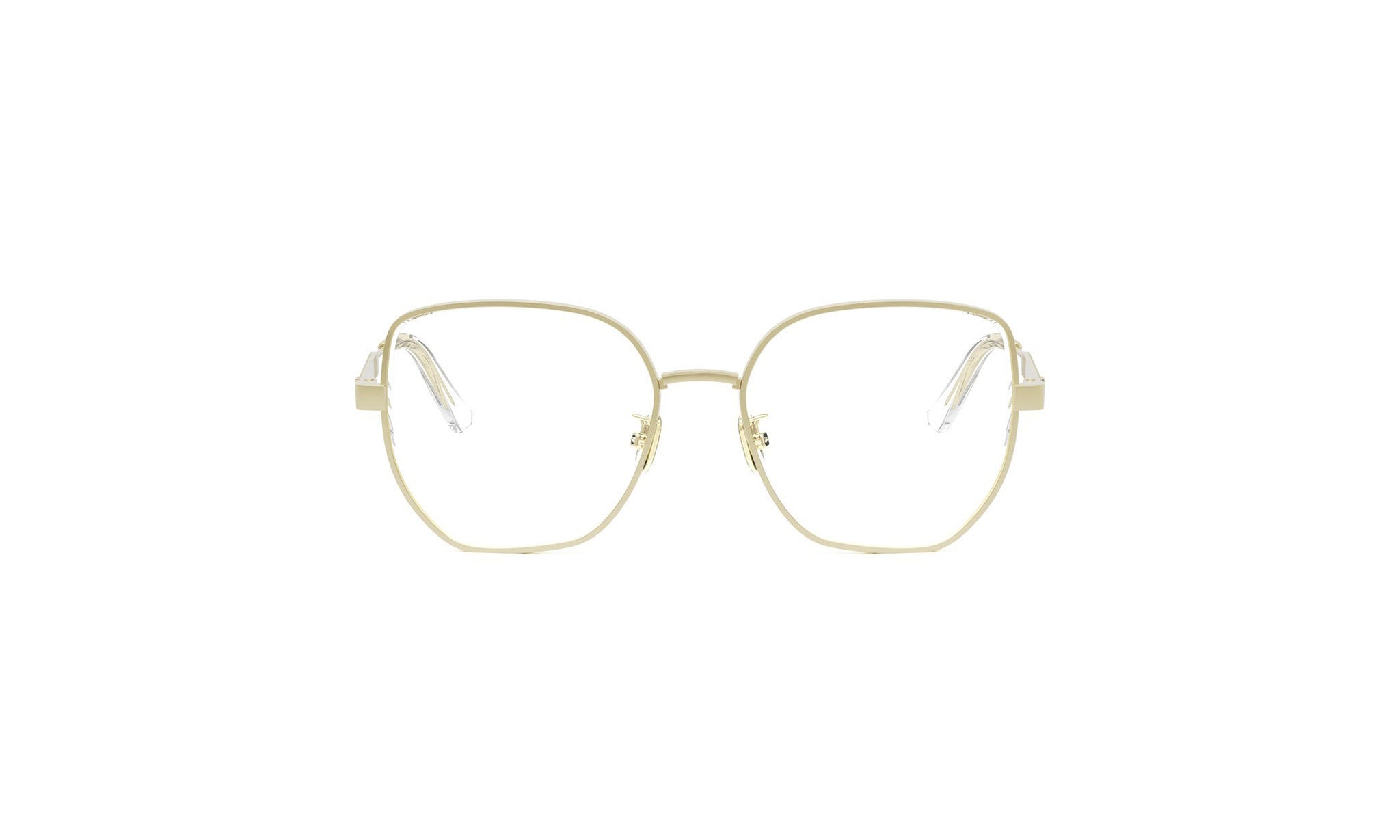 A pair of gold-colored, modern-looking glasses with a unique, angular frame.