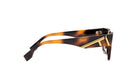 A pair of sunglasses with a tortoiseshell frame and a gold logo on the side.