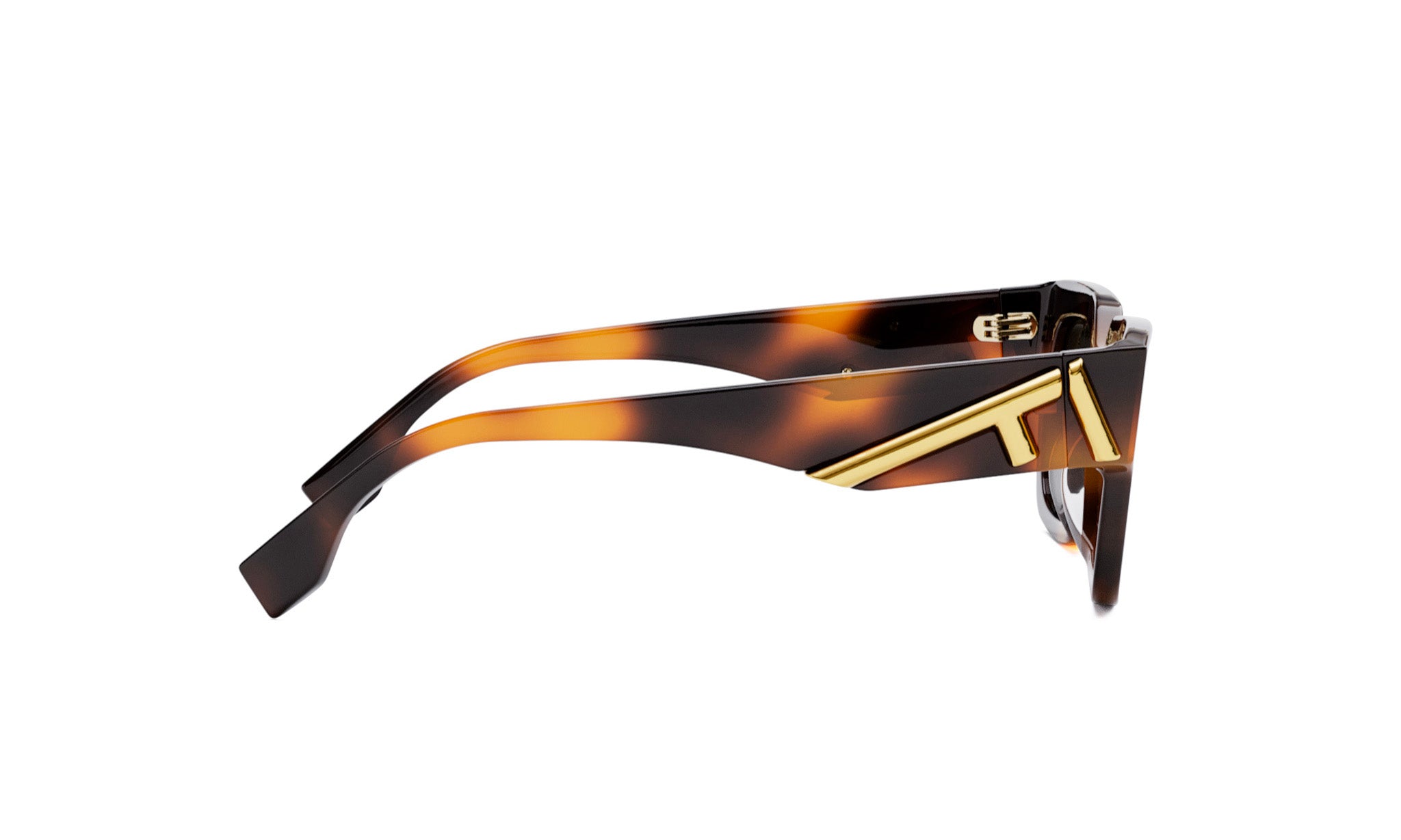 A pair of sunglasses with a tortoiseshell frame and a gold logo on the side.