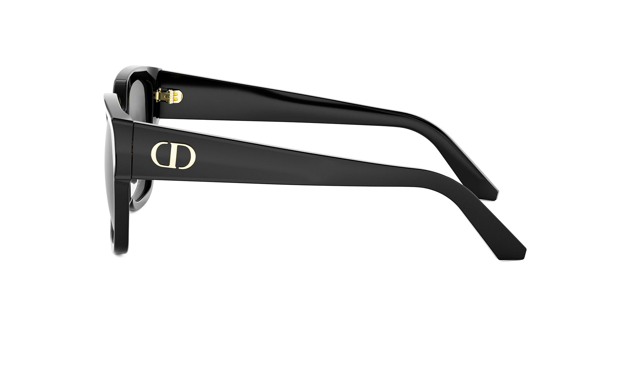 A pair of black sunglasses with a gold logo on the frame.