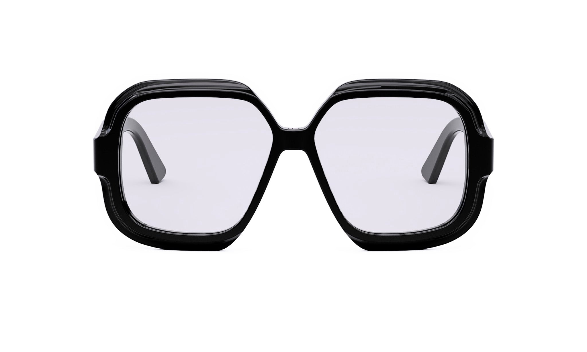A pair of black, oversized, and uniquely shaped glasses with a sleek, modern design.