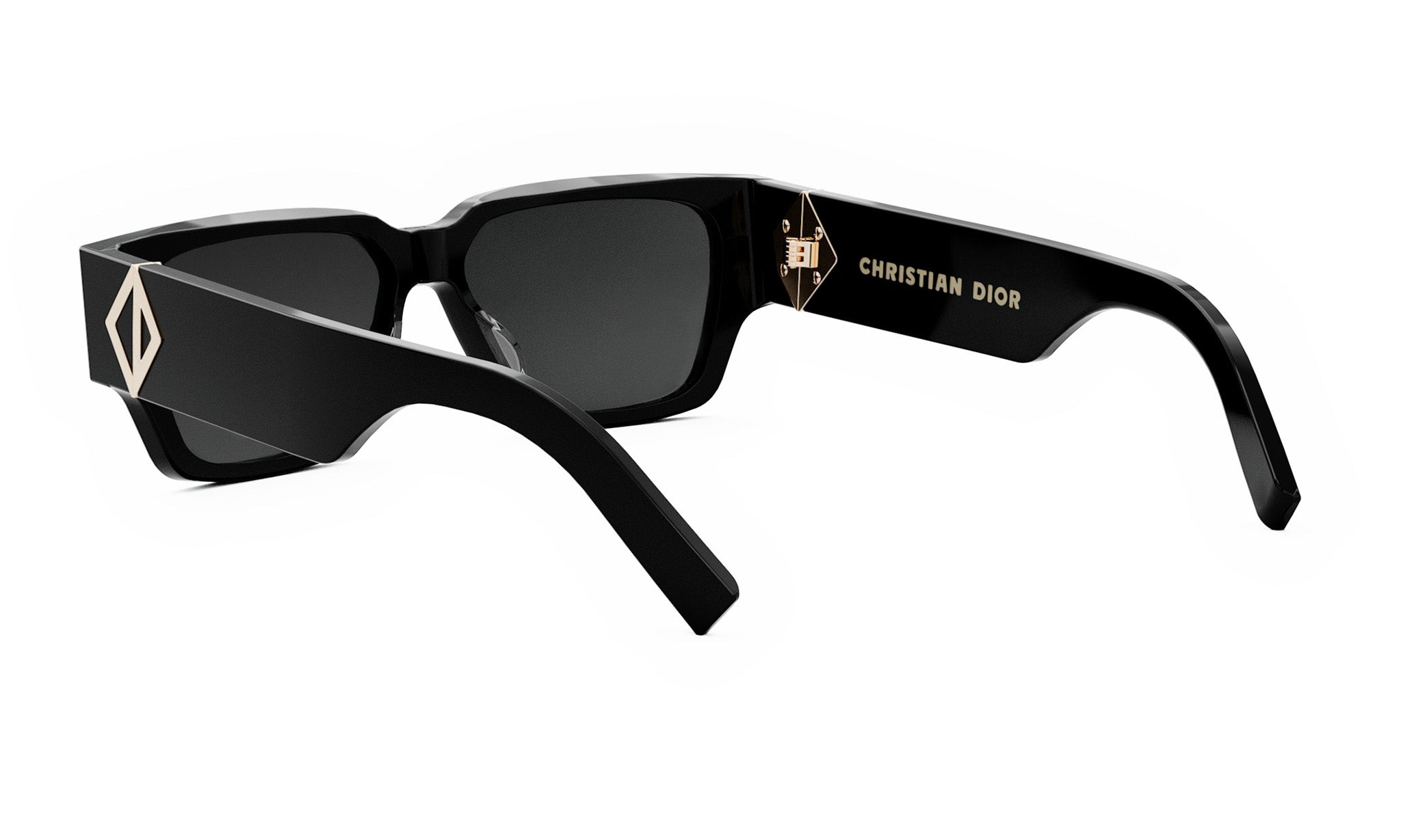 A pair of black sunglasses with a Christian Dior logo on the frame.