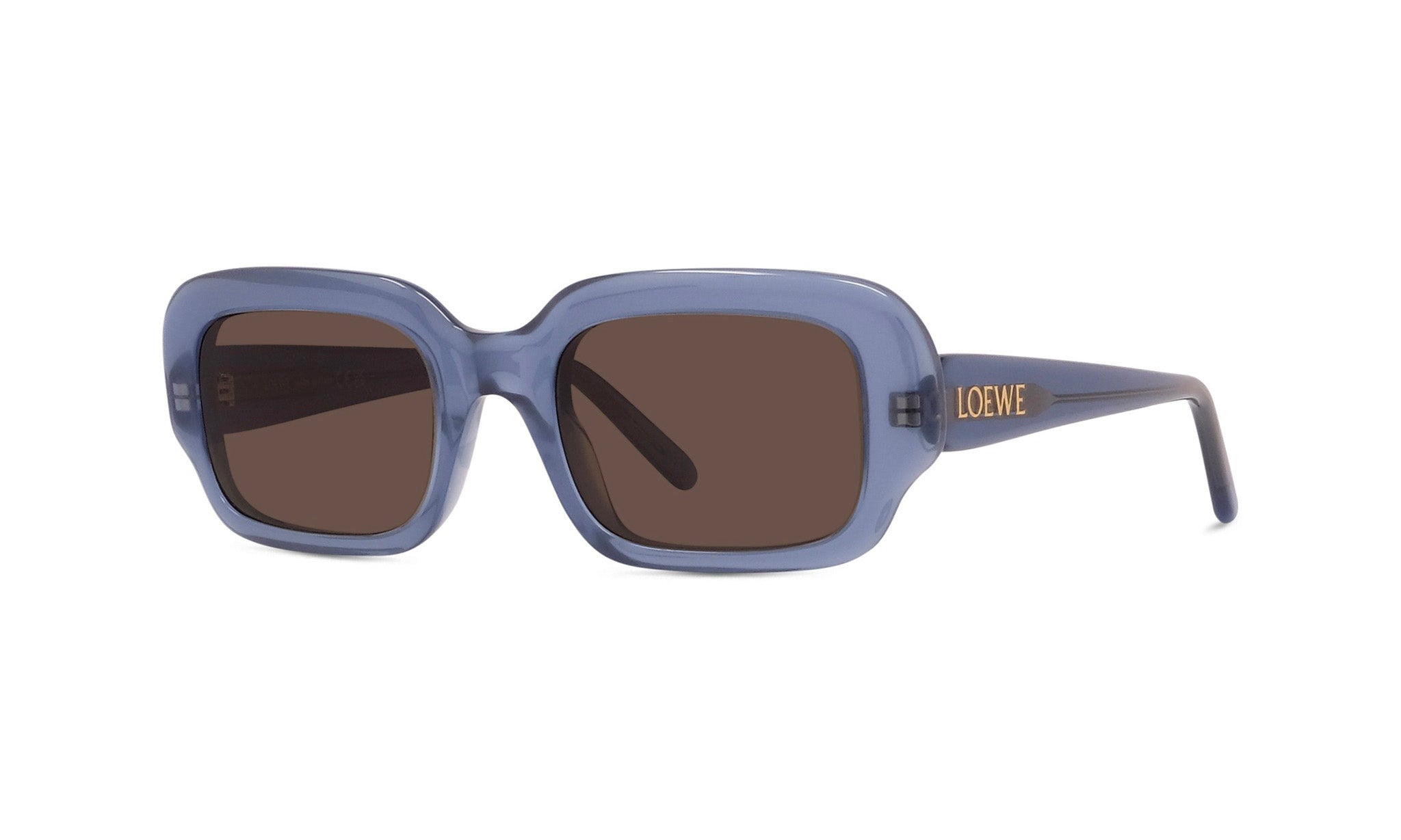 A pair of blue-framed sunglasses with dark lenses.